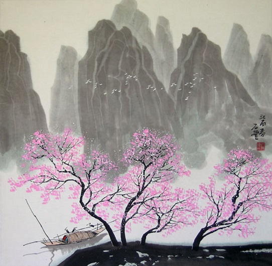 Chinesische Landschaft (Fluss, Berge, Baum)