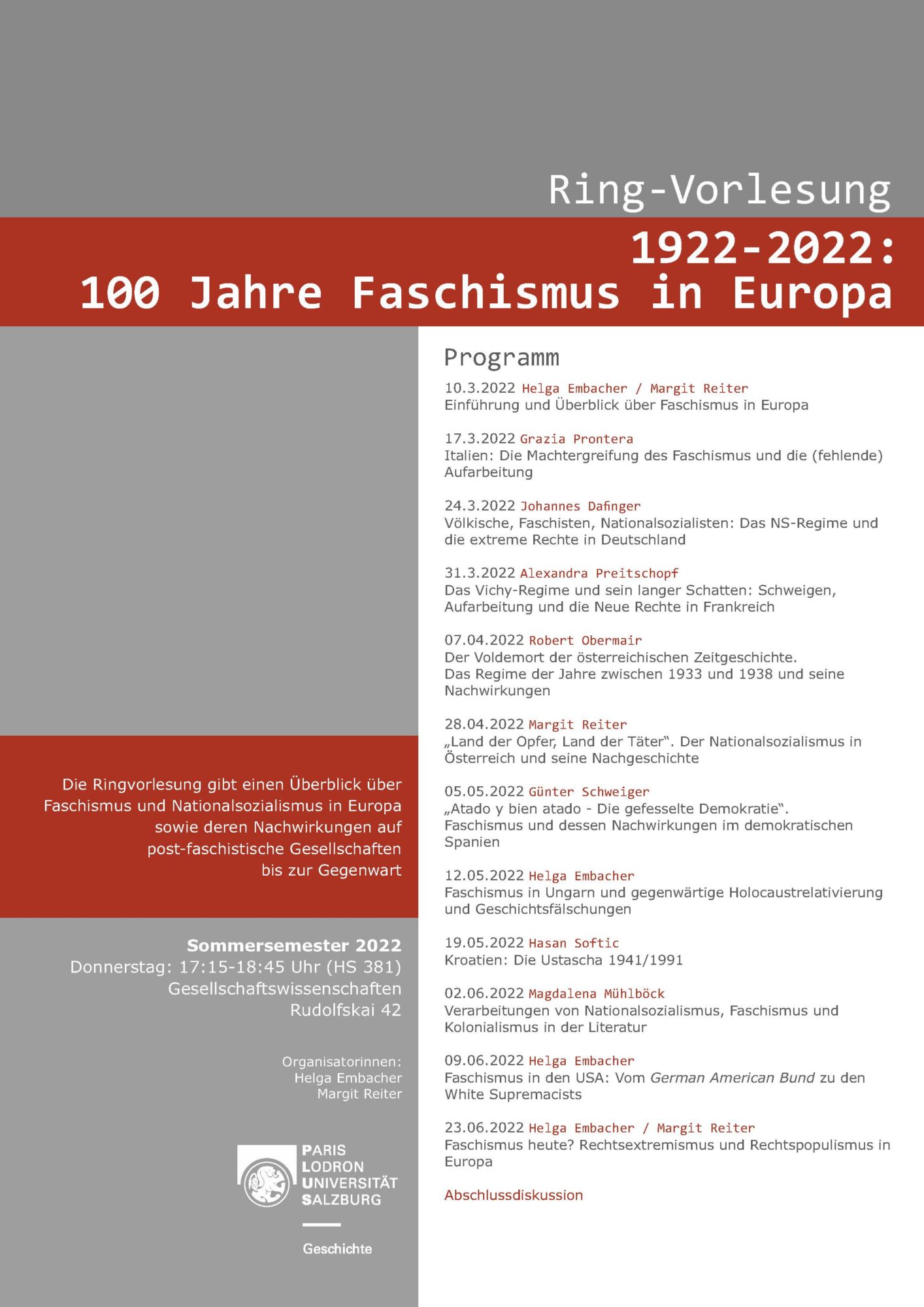 Ringvorlesung: 1922-2022: 100 Jahre Faschismus in Europa