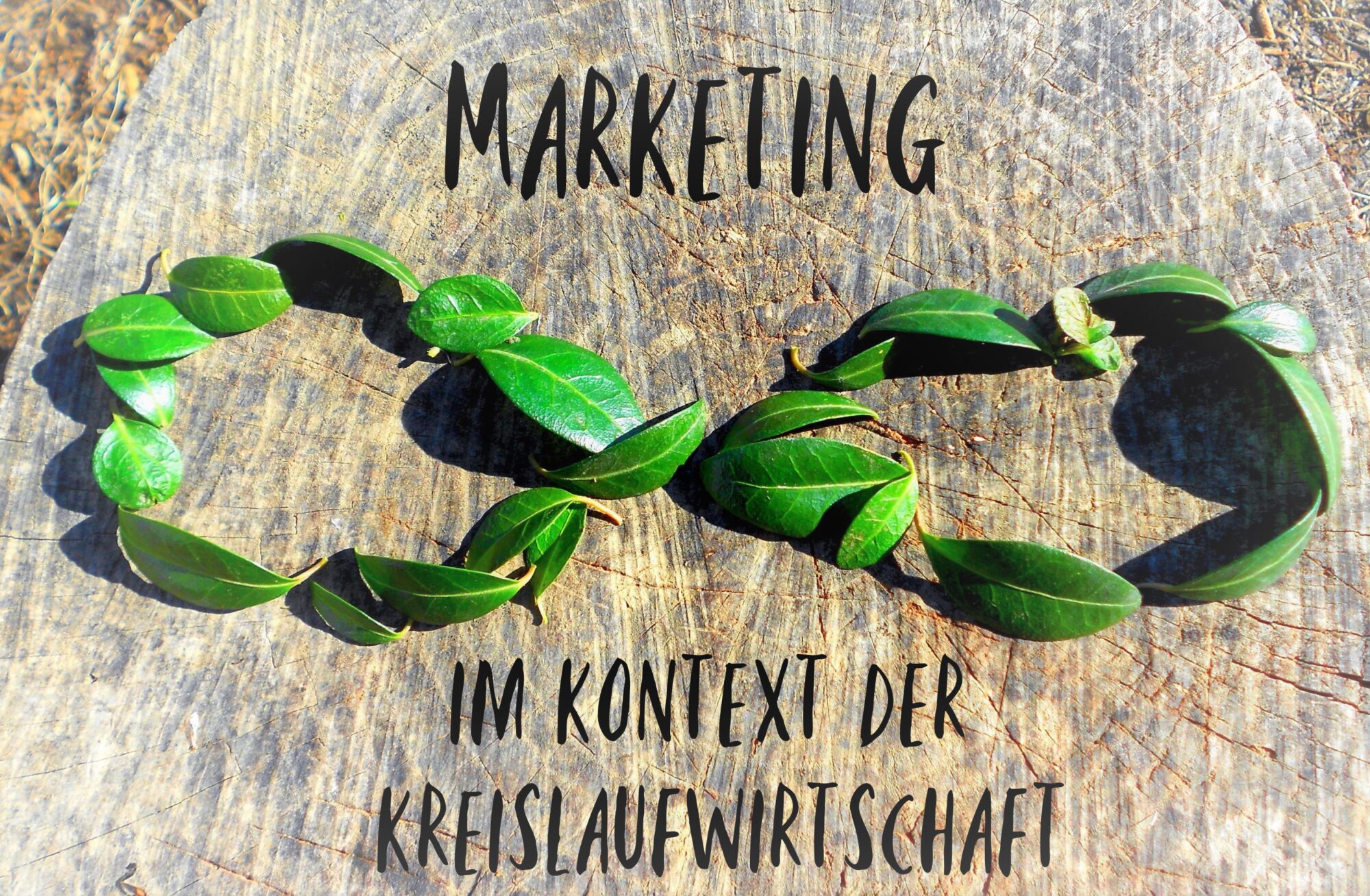 Bild zeigt eine liegende Acht aus Blättern mit dem Text: Marketing im Kontext der Kreislaufwirtschaft