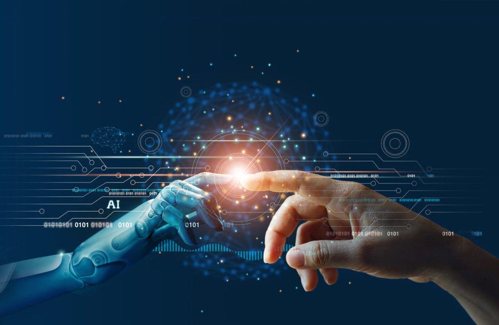 AI, Machine learning, Hands of robot and human touching on big data network connection background, Science and artificial intelligence technology, innovation and futuristic.