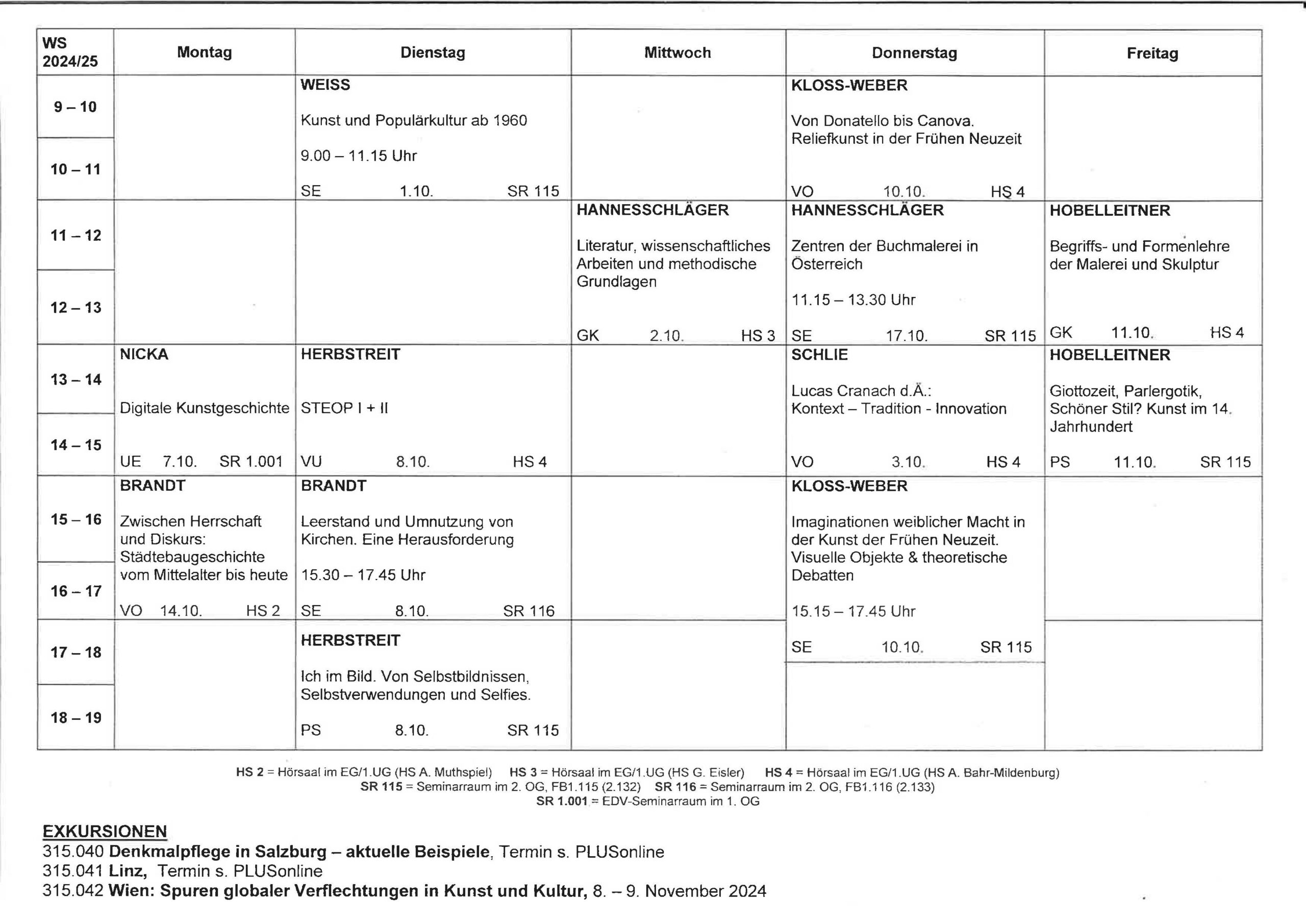 Stundenplan Wintersemester 2024/25